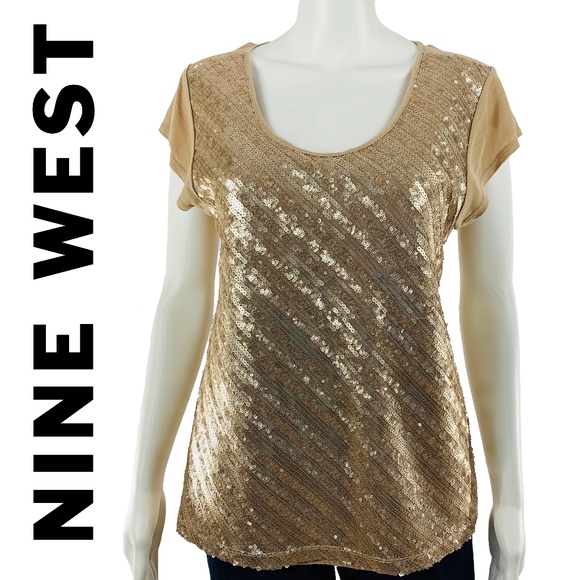 Nine West Tops - Nine West Gold Sequin Top MED Short Sleeves NWT